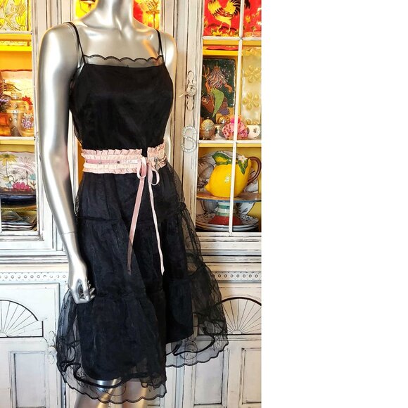Vintage Betsey Johnson New York Sheer Black Embroidered Tiered Slip Dress 6 S - Picture 12 of 16